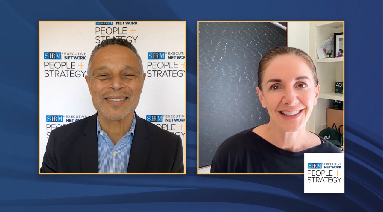 Still from the People + Strategy podcast episode with host Mo Fathelbab and guest Kat Cole
