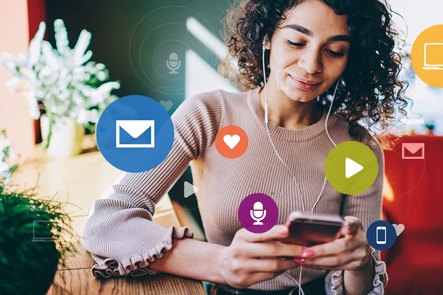 woman listing to podcast